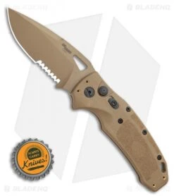 Hogue SIG K320A Automatic Knife Coyote Polymer Drop Point (3.5" Tan Serr) -Sharp Blade Depot Hogue Sig k320A Automatic Knife Coyote Polymer DP Ser 3.5 Tan 36333 BHQ 117426 LS Bottlecap