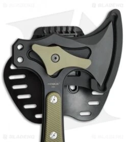 Hogue Knives 14" EX-T01 Tomahawk Axe OD Green G-10 -Sharp Blade Depot hogue knives 14in ex t01 tomahawk axe od green 35778 ex t01 BHQ 37157 er sheath closeup